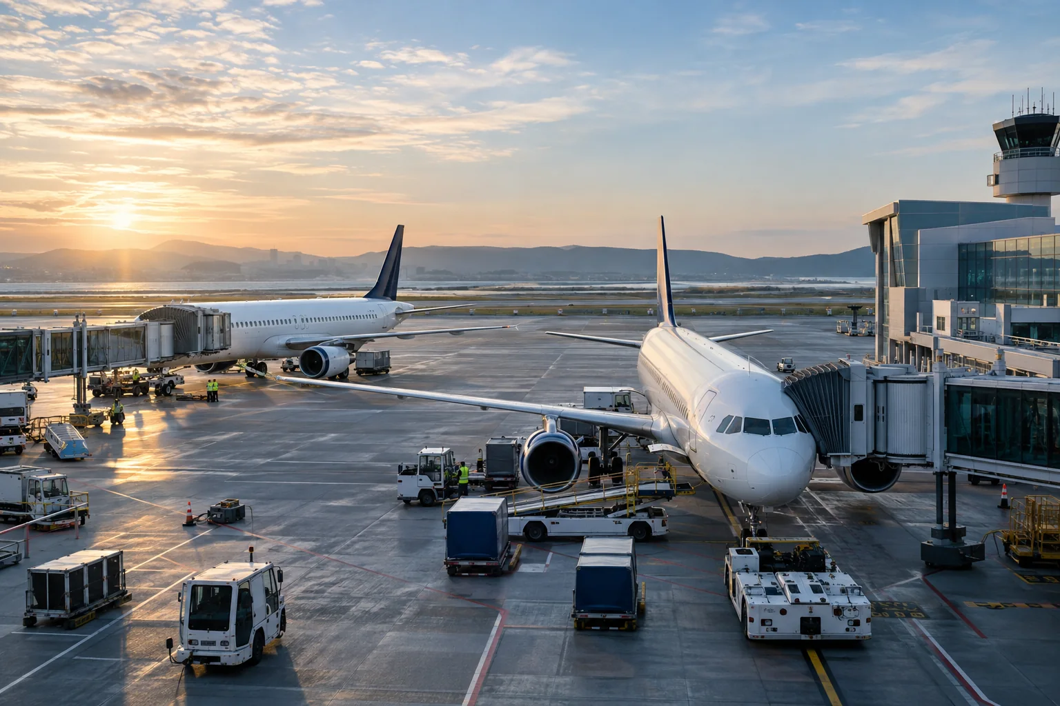 AI-generated passenger aircraft on an airport apron.