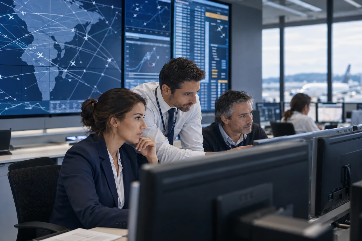 AI-generated airline operations coordination room.