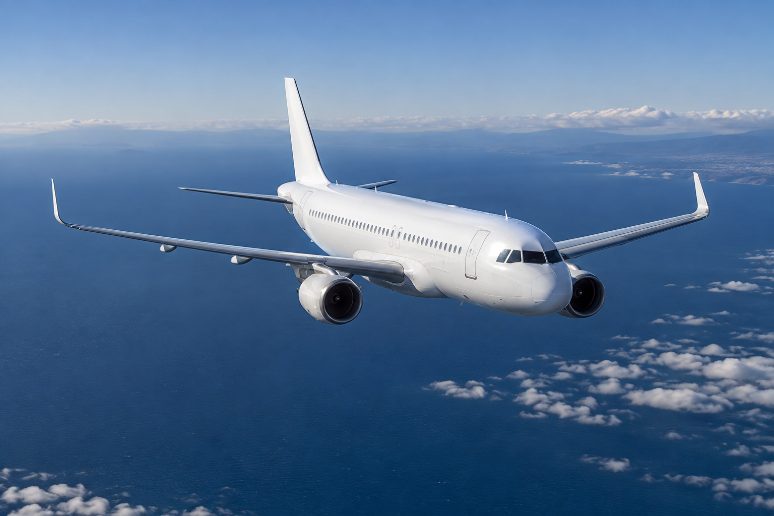 AI-generated passenger aircraft above the Mediterranean.