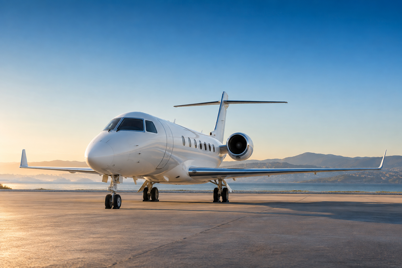 AI-generated illustration of a business jet on a Mediterranean airport apron.