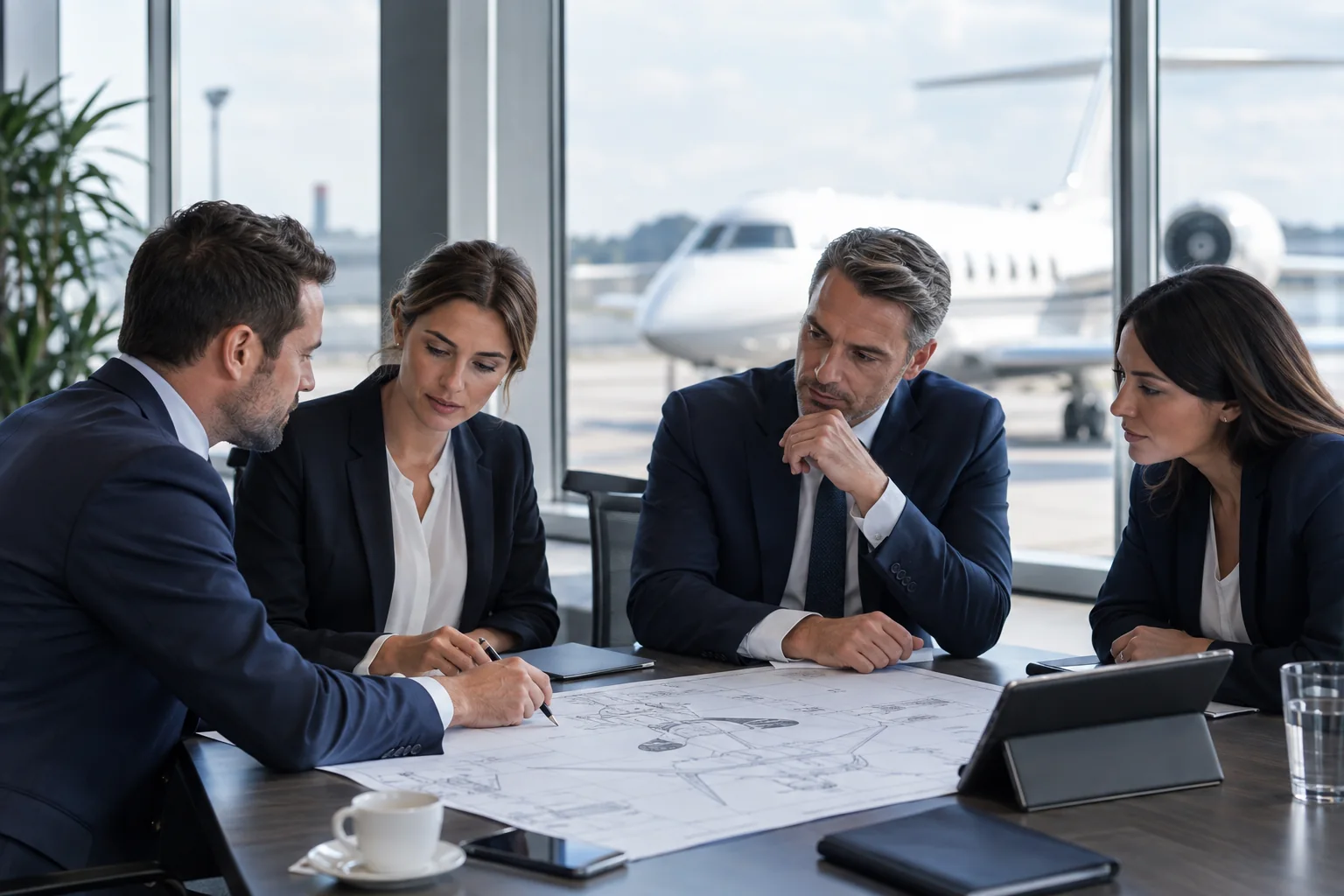 AI-generated aviation business meeting.