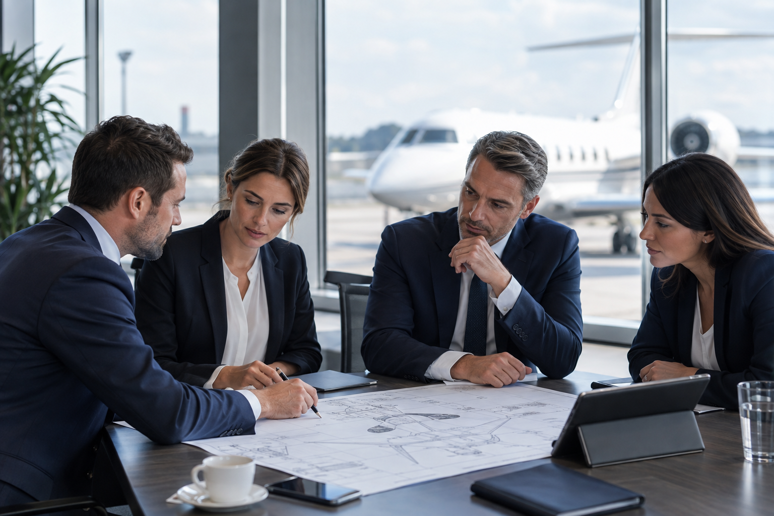 AI-generated aviation business meeting.