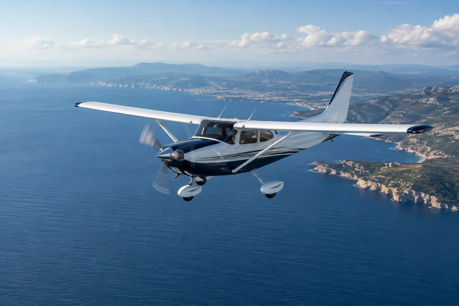 AI-generated light training aircraft above a Mediterranean coastline.