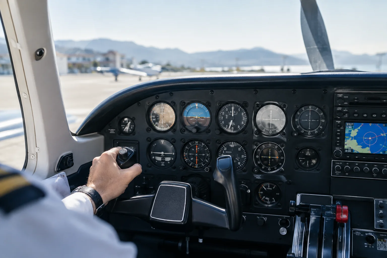 AI-generated light aircraft cockpit detail.