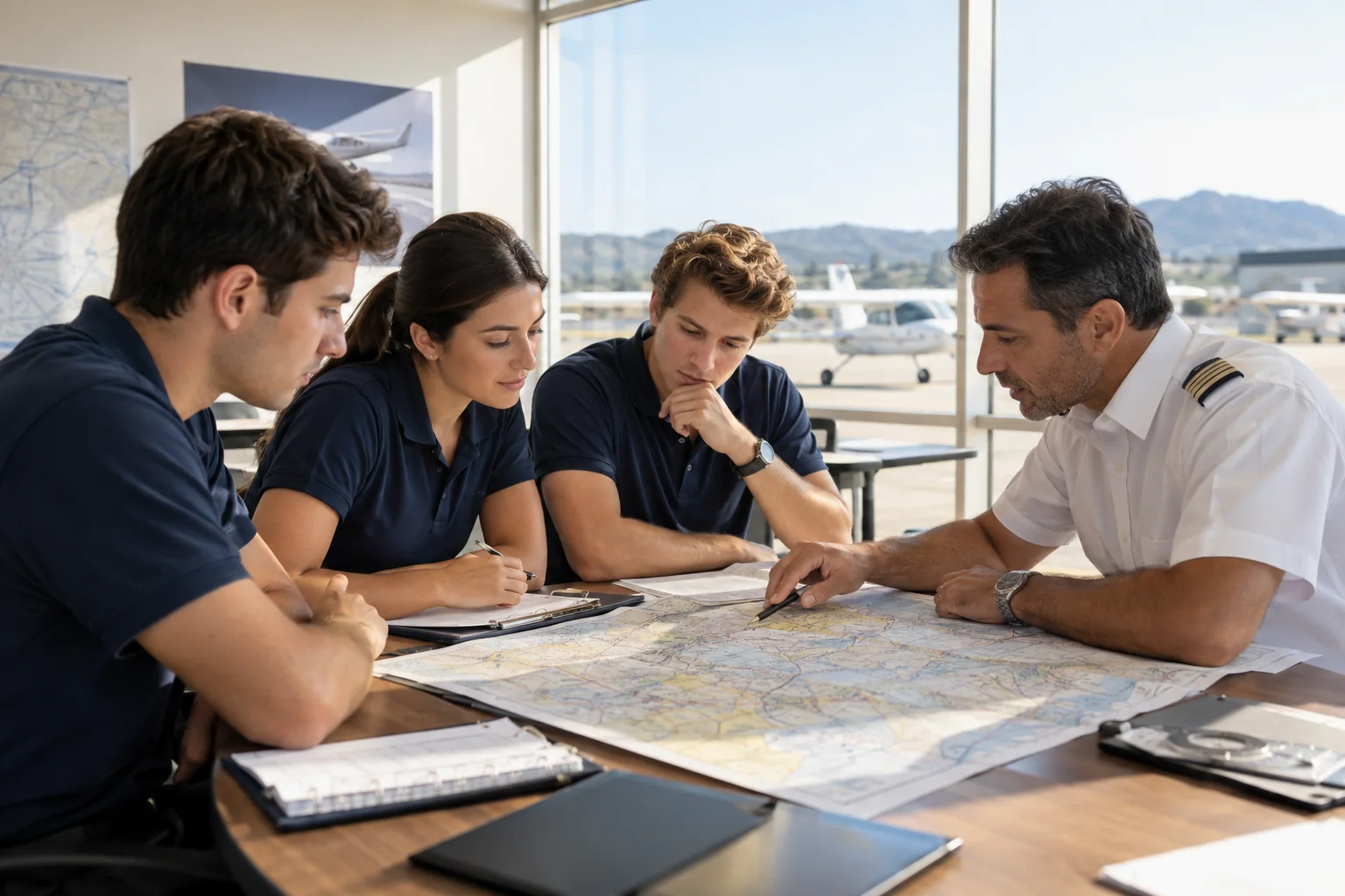 AI-generated student pilots studying with an instructor.