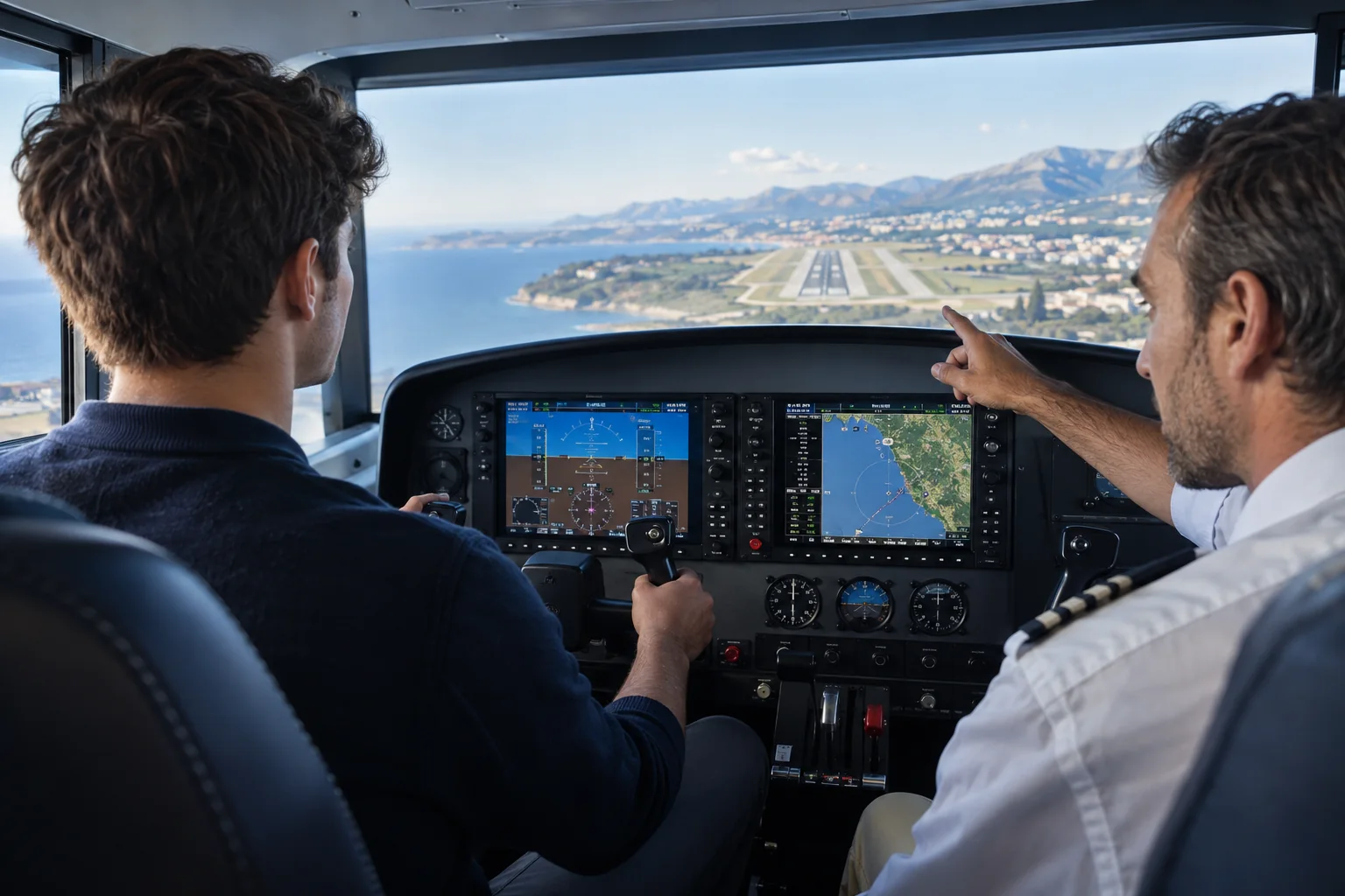 AI-generated flight simulator instruction scene.