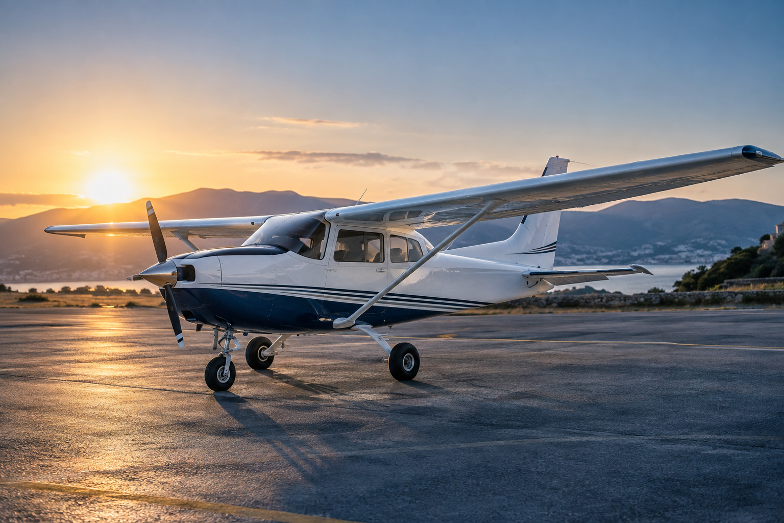 AI-generated training aircraft on a Mediterranean apron.