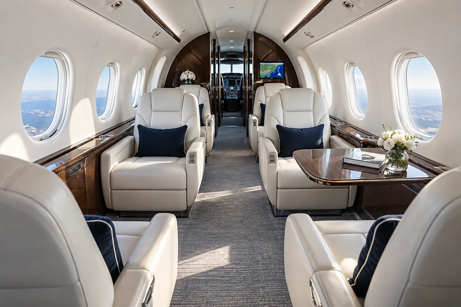 AI-generated private jet cabin interior.