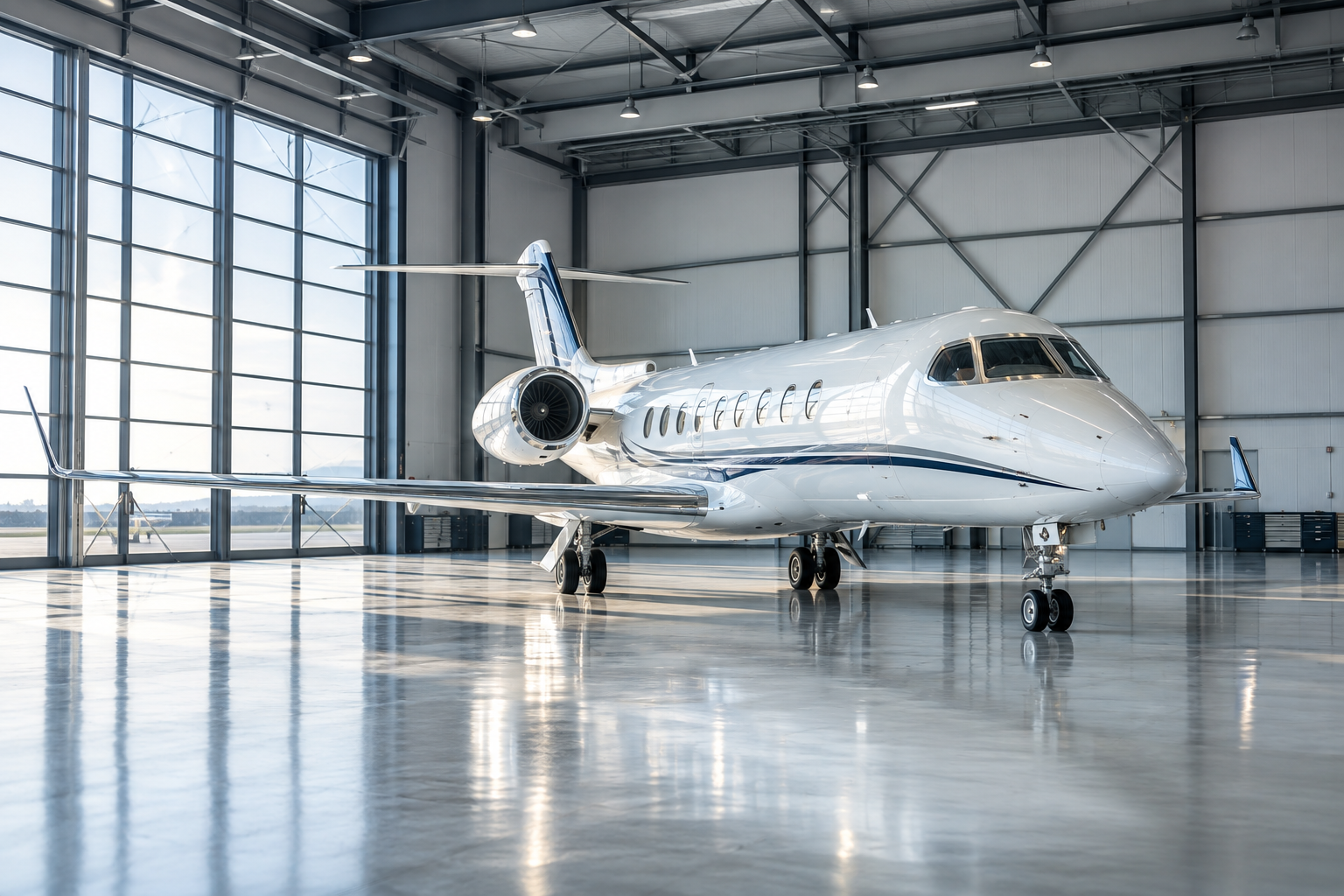 AI-generated private jet in an aircraft hangar.